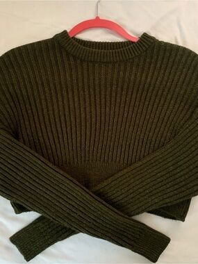 Urban Outfitters Cropped Ribbed Crewneck Sweater - Olive